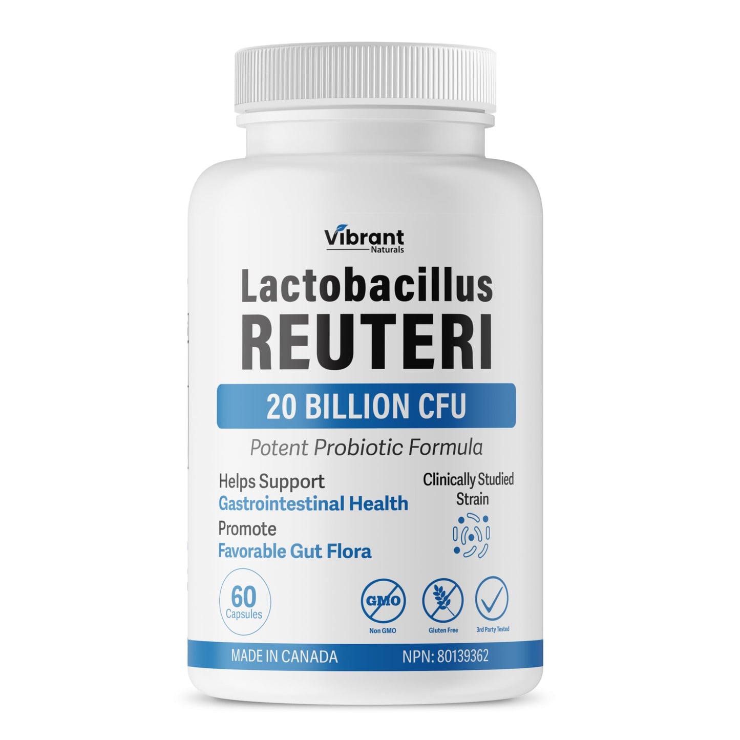 Lactobacillus Reuteri Probiotic 20 Billion CFU - L Reuteri Probiotic - Highest CFU Count, Gut Health, Yogurt Starter Culture, Probiotic With Prebiotic FOS, Made In Canada, 60 Capsules - Available at All In One Marketplace Canada