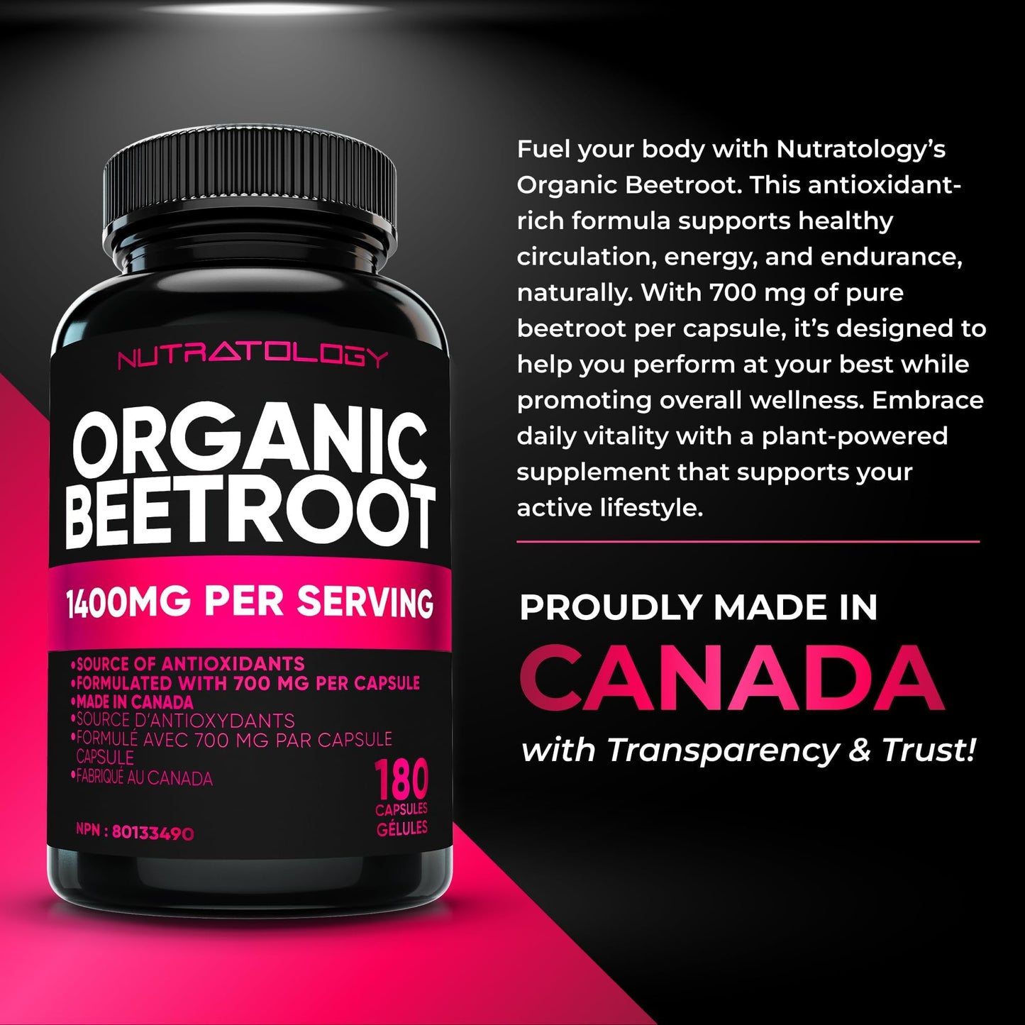 Nutratology® Organic Beetroot Capsules | 1400mg per Daily Serving | 180 Capsules | Canadian Made | Source of Antioxidants | Organic Beet Root Powder - Available at All In One Marketplace Canada