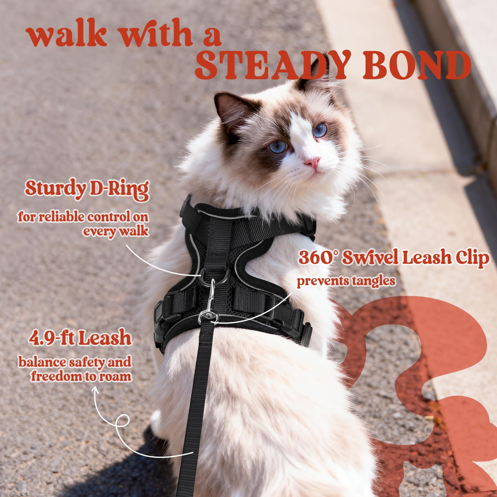 rabbitgoo Cat Harness and Leash for Walking, Escape Proof Soft Adjustable Vest Harnesses for Small Medium Cats, Easy Control Breathable Reflective Strips Jacket, XS, Black
