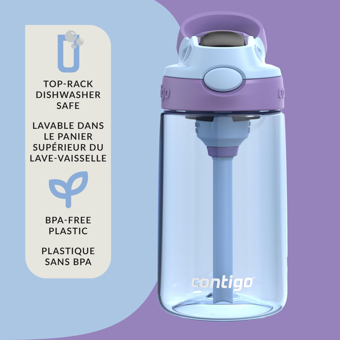 Contigo Kids Aubrey Straw Water Bottle with Leak-Proof Lid, BPA-Free Plastic, Dishwasher Safe, Periwinkle & Amethyst, 14 oz (414 mL)