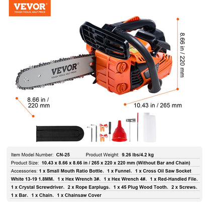 VEVOR Gas Chainsaw, 25.4CC 12" 1.2HP, Gasoline Powered Chain Saw, Handheld Cordless Petrol Chainsaws for Tree Wood Branch Cutting, Tree Trimming, Land Clearing, Farm Garden Ranch Forest Cutting Use 🍁 All In One Marketplace Canada