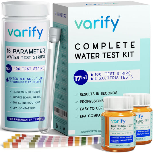 17 in 1 Premium Drinking Water Test Kit - 100 Strips + 2 Bacteria Tests - Home Water Quality Test - Well and Tap Water - Easy Testing for Lead, Bacteria, Hardness, Fluoride, pH, Iron, Copper and more!
