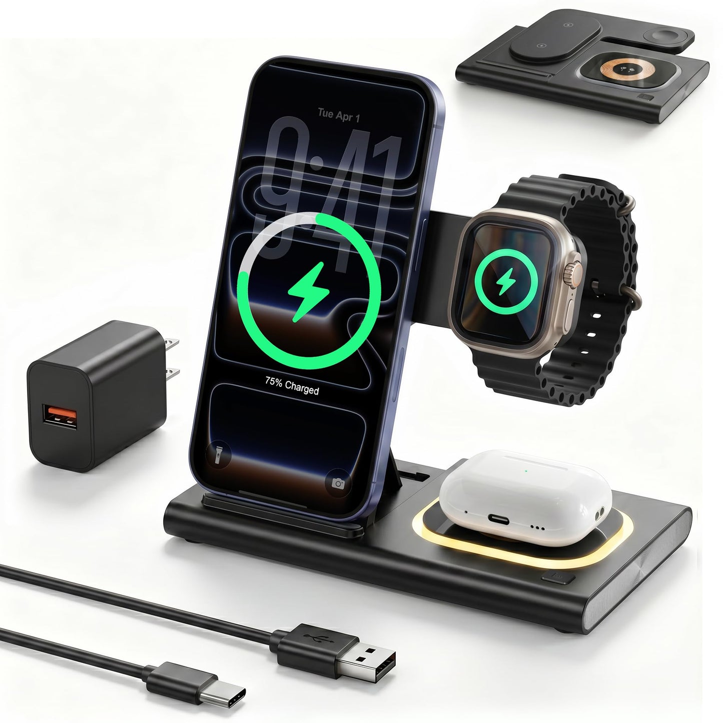 3 in 1 Foldable Wireless Fast Charging Station for Apple Multiple Devices