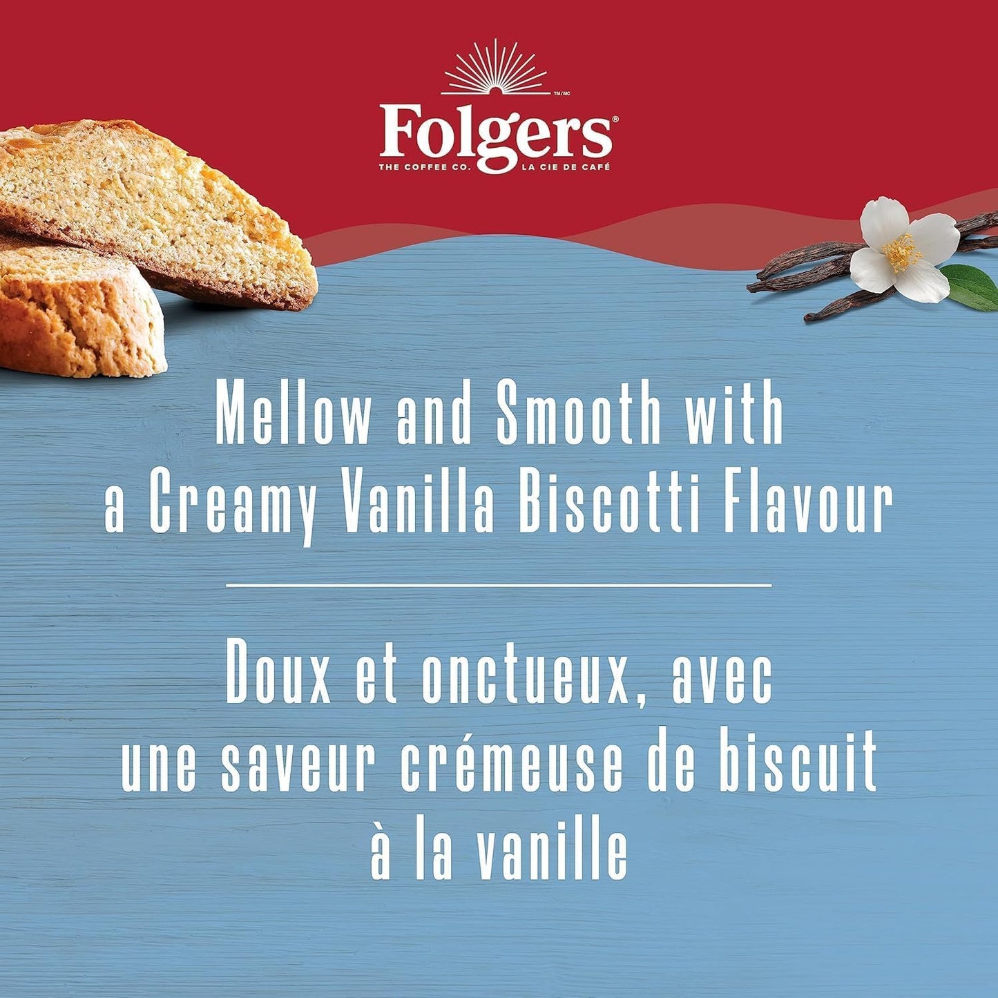 Folgers Vanilla Biscotti Flavoured Light Roast Coffee Pods, Single Serve One Cup Pods made with Arabica Beans for Hot or Iced Drinks, 30 Count (Pack of 1)