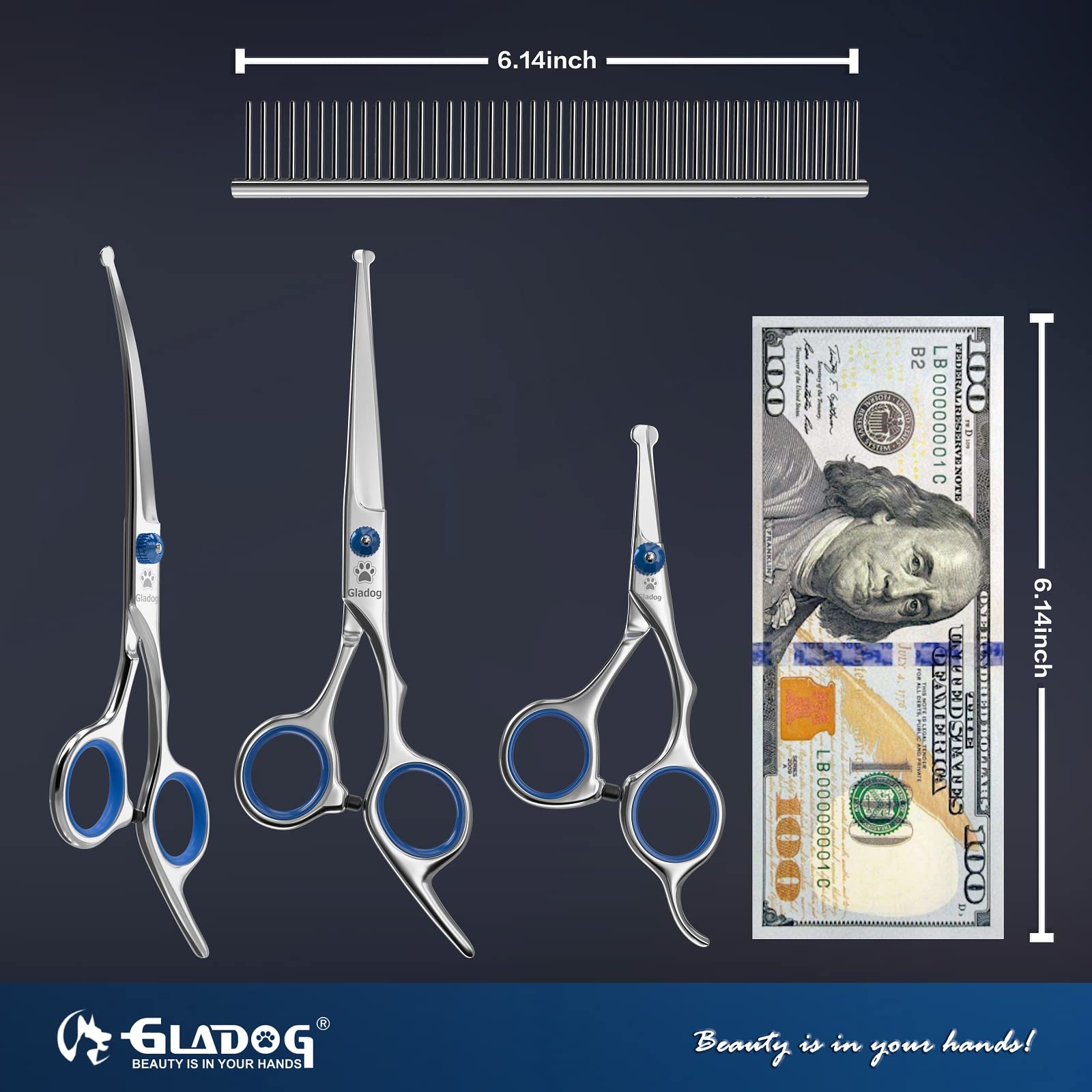 GLADOG Dog Grooming Scissors Kit with Safety Round Tips, Professional 6 in 1 Grooming Scissors for Dogs, Sharp and Durable Dog Shears for Dogs Cats Pets