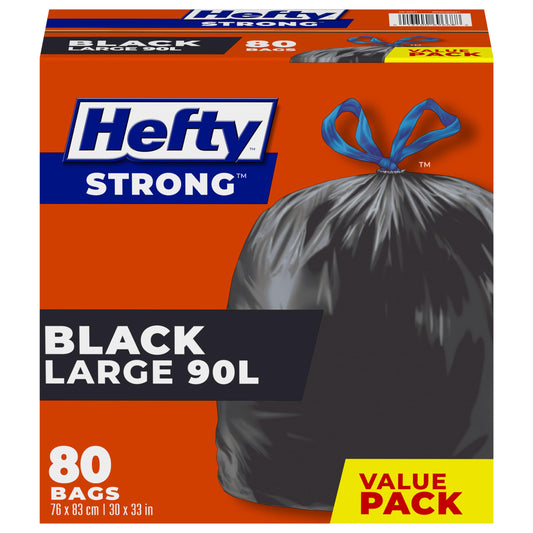 Hefty™ Garbage Bags, Value Pack Large 90 Litres Black, Drawstring, 80 Bags, Fits simplehuman code X