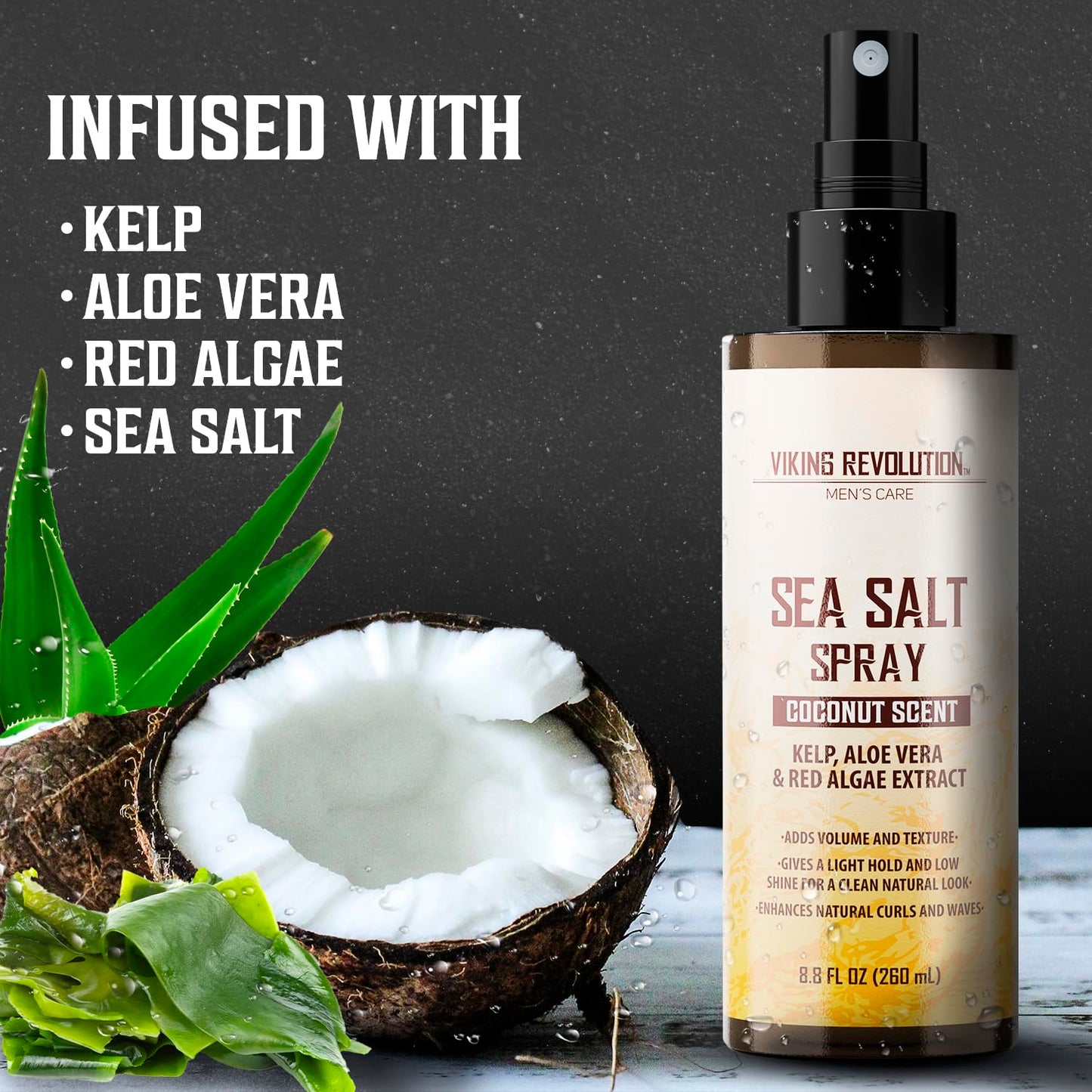 Viking Revolution Sea Salt Hair Spray for Men - Coconut - 260ml - Texturizing With Kelp, Aloe Vera & Red Algae Extract - Adds Volume & Texture for Beach Hair