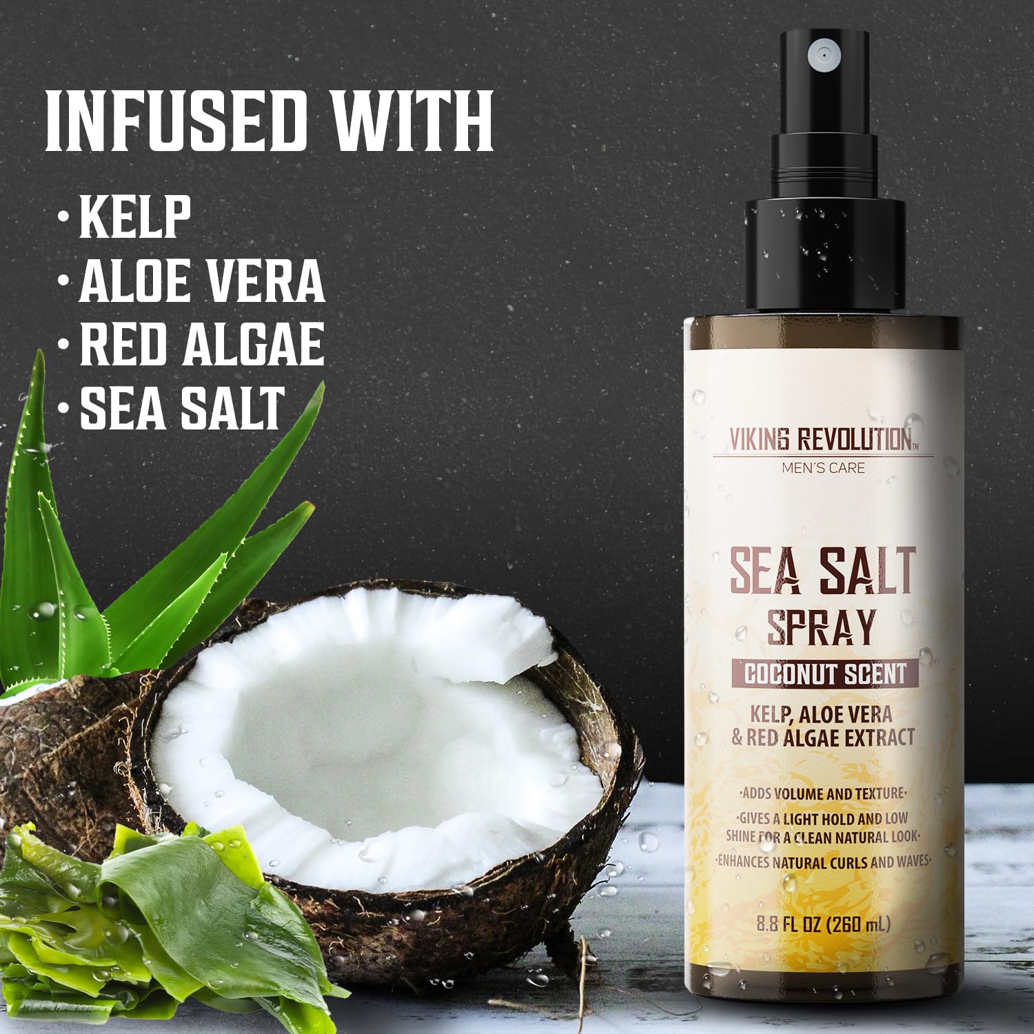 Viking Revolution Sea Salt Hair Spray for Men - Coconut - 260ml - Texturizing With Kelp, Aloe Vera & Red Algae Extract - Adds Volume & Texture for Beach Hair