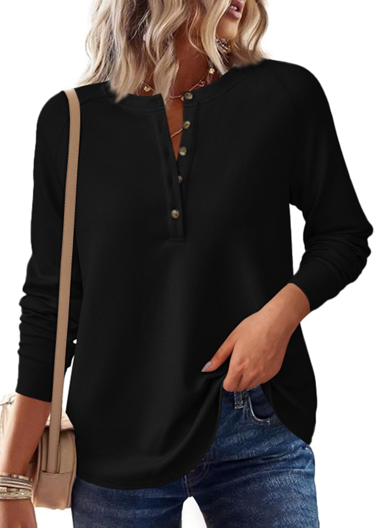 PRETTYGARDEN Women Long Sleeve Waffle Knit Shirt 2026 Spring Casual Button V Neck Loose Henley Tops Basic Tees Winter Clothes(Black,Medium) 🍁 All In One Marketplace Canada