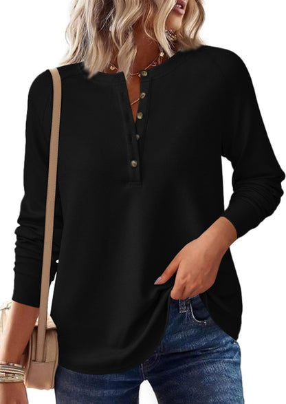 PRETTYGARDEN Women Long Sleeve Waffle Knit Shirt 2026 Spring Casual Button V Neck Loose Henley Tops Basic Tees Winter Clothes(Black,X-Large) 🍁 All In One Marketplace Canada