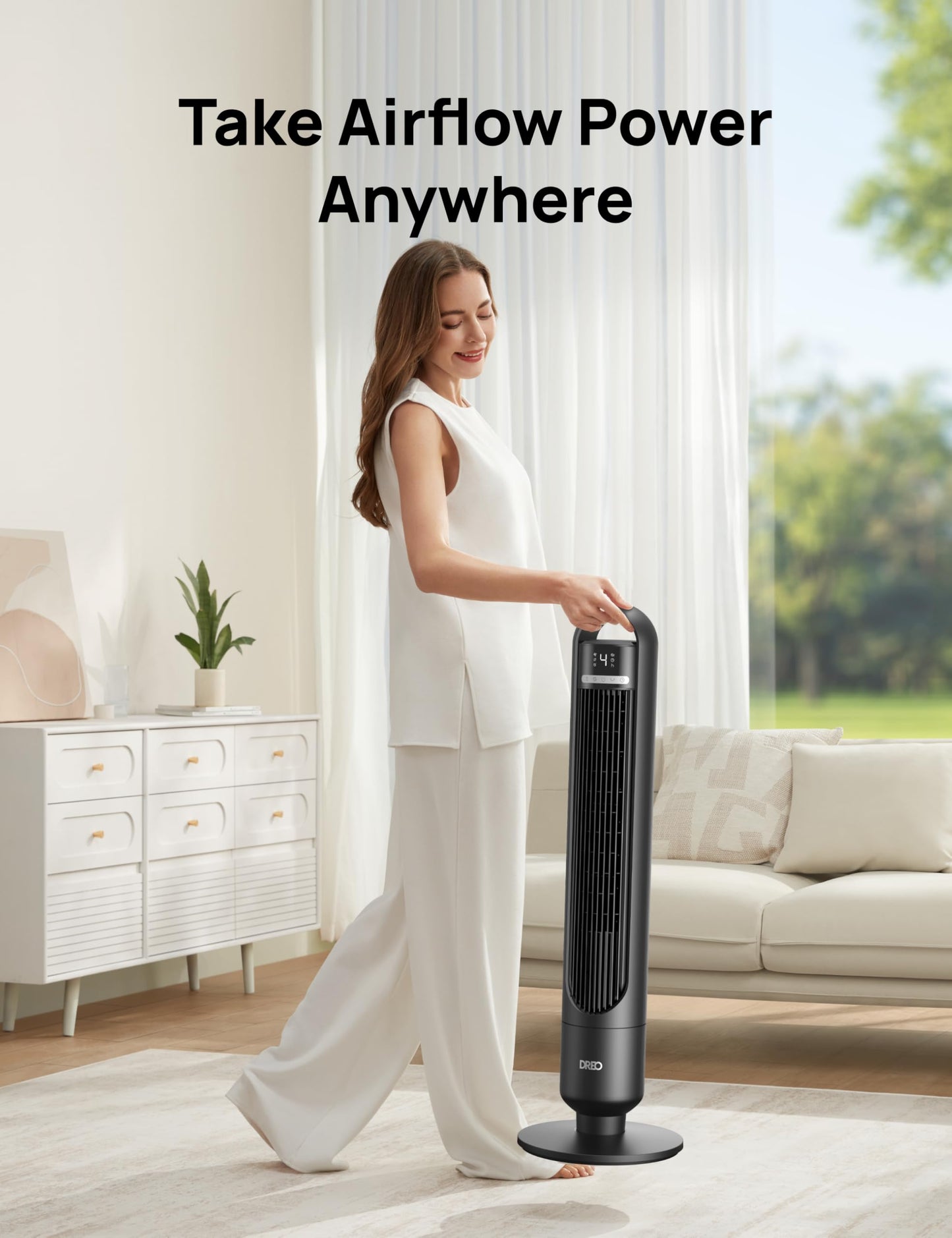 DREO Smart Tower Fan for Bedroom, 90° Oscillating Standing Fans for Room with 4 Speeds, 4 Modes, 25dB Quiet for Sleep, 25ft/s Velocity, 8H Timer, Remote/App/Voice Control for Living Room, Office, Home