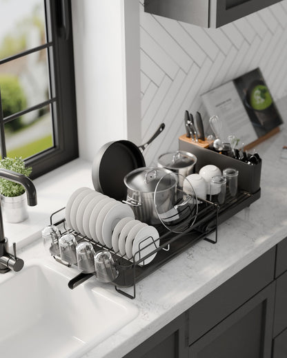 Kitsure Large Dish Drying Rack - Extendable Stainless Steel, Anti-Rust Kitchen Counter Rack with Cutlery & Cup Holders, 67.8 x 32.8 x 15.0cm, Black - Available at All In One Marketplace Canada