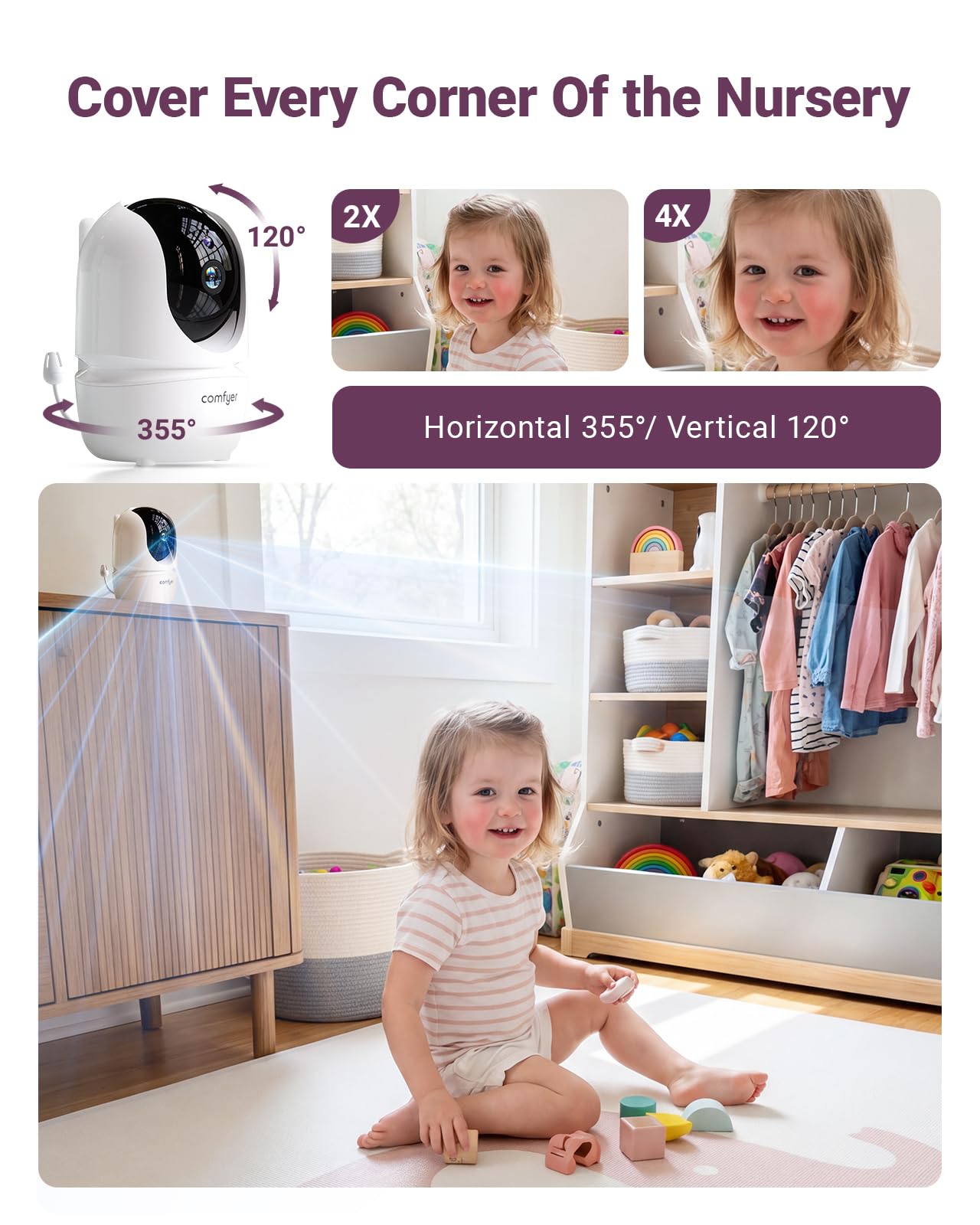 Comfyer BM01 7" HD Split-Screen Baby Monitor with 2 Cameras, Video Baby Monitor with Camera and Audio, Flexible Bracket, Non-WiFi, VOX Mode, 2 Way Audio, Remote PTZ, Auto Night Vision