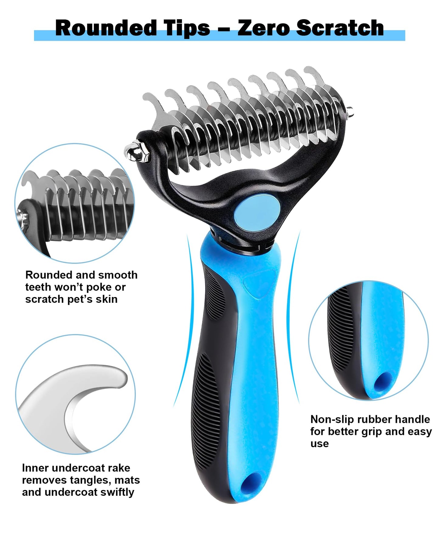 Dog and Cat Brush for Shedding and Dematting - Deshedding Undercoat Rake for Long Haired Dogs and Cats, Double Sided Pet Grooming Brush with Steel Comb, Blue