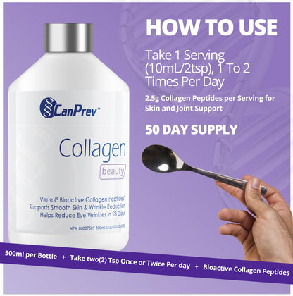 CanPrev Collagen Beauty Liquid, 500ml 50-Day Supply - Skin Smoothness & Elasticity in 28 Days - Free from Dairy, GMO and Gluten - Features Verisol Bioactive Collagen Peptides for Radiance and Support - Available at All In One Marketplace Canada