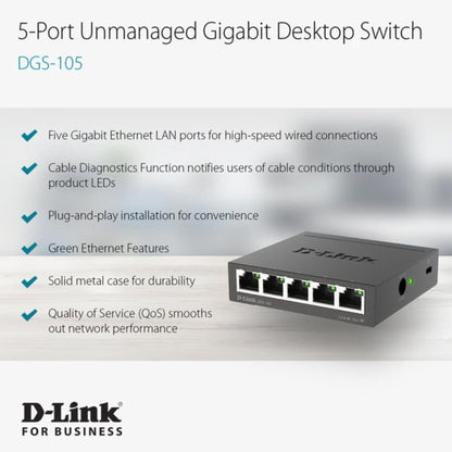 D-Link DGS-105, 5 Port Gigabit Ethernet Switch Unmanaged, Network Splitter, Silent Fanless, Network Hub, Sturdy Metal with Shielded Ports, Desktop/Wall Mount, QoS, Energy Saving, Plug and Play D-Link