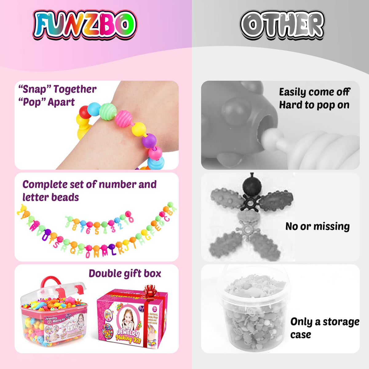 FunzBo Snap Pop Beads for Girls Toys Kids Jewelry Making Kit Pop-Bead Art and Craft Kits DIY Bracelets Necklace Hairband and Rings Toy for Age 3 4 5 6 7 8 Year Old Girl Christmas Gifts (Large) 🍁 All In One Marketplace Canada
