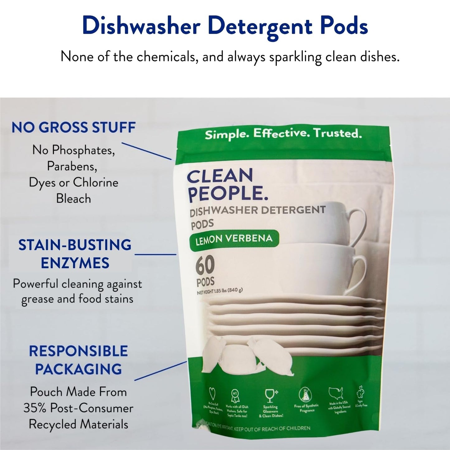 Clean People All Natural Dishwasher Pods - Cuts Grease & Rinses Sparkling Clean - Residue-Free - Phosphate Free Dishwashing Pods - Fragrance Free, 60 Pack
