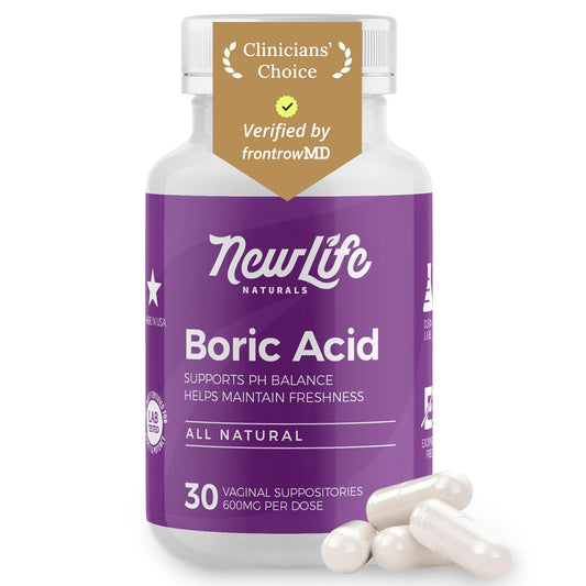 NewLife Naturals - Medical Grade Boric Acid Vaginal Suppositories - 600mg - 100% Pure Womens pH Balance Pills - Yeast Infection & Bacterial Vaginosis - 30 Capsules: Made in USA - Available at All In One Marketplace Canada