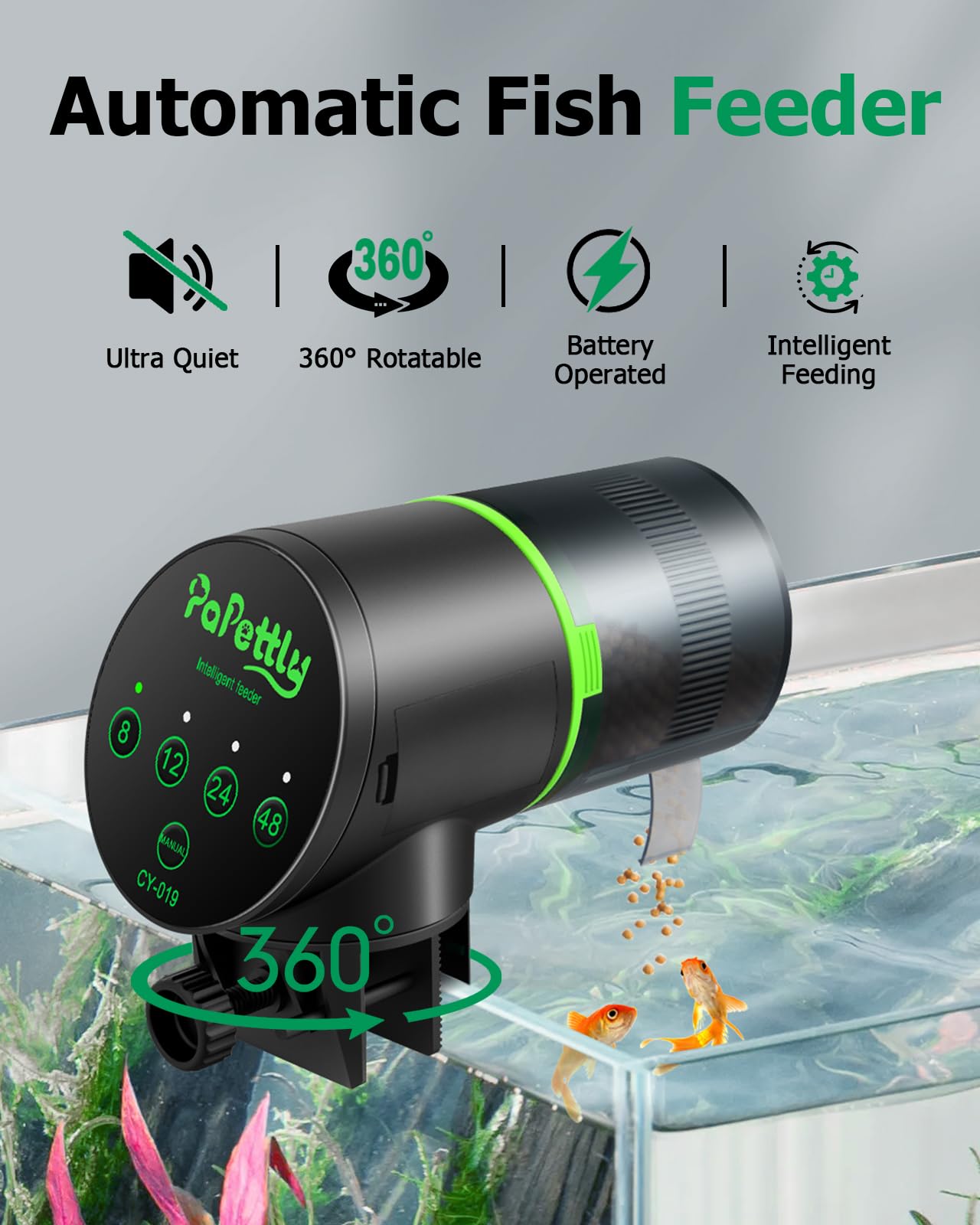 Papettly Automatic Fish Feeder for Aquarium - Battery Operated Auto Fish Food Dispenser for Fish Tank, 200ml Auto Timer Aquarium Tank Turtle Feeder, with 2 AAA Batteries and Fish Feeder Ring