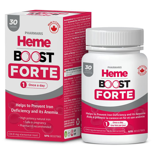 Hemeboost Forte 696 mg Heme Iron Supplements Polypeptide, (34.8 mg Elemental Iron), Prevents Iron Deficiency & Anemia, Better Absorption, Well-Tolerated Formula, Safe for Pregnancy, 30 Tablets - Available at All In One Marketplace Canada