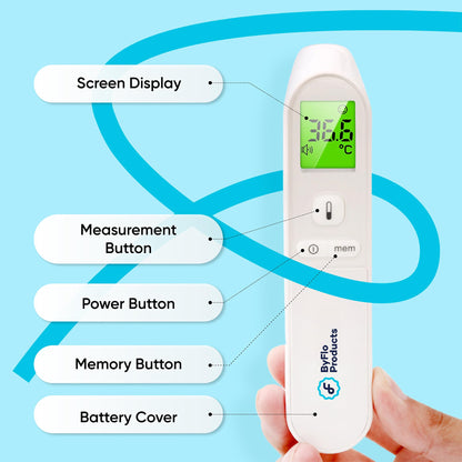 ByFloProducts, Thermometer Adult and Baby, Forehead Digital Thermometer, Infrared Thermometer, Memory and Fever Alarm, Easy to Use, 1 Second Reading Temperature