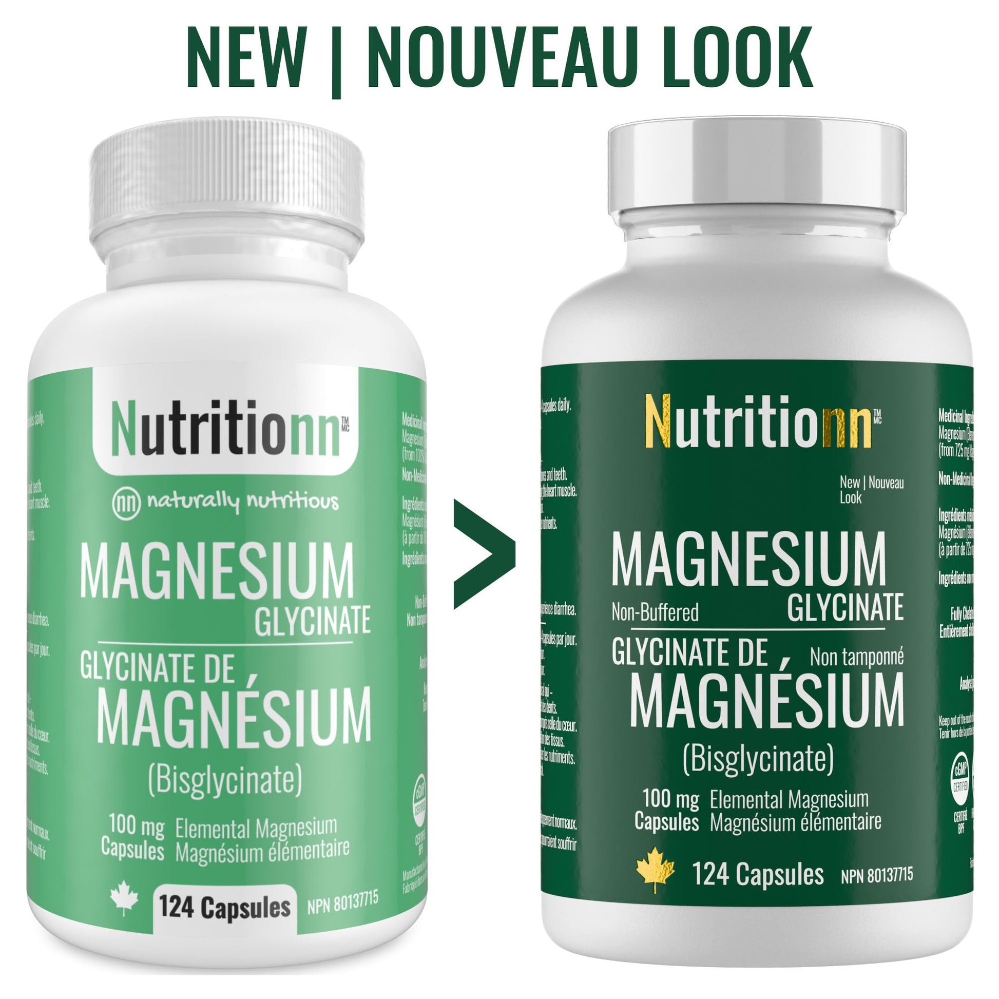 Magnesium Glycinate 100 mg Capsules (Elemental) from Non-Buffered Fully Chelated 100% Magnesium Bisglycinate - 124 High-Absorption Capsules with No Additives - Made in Canada - Nutritionn - Available at All In One Marketplace Canada