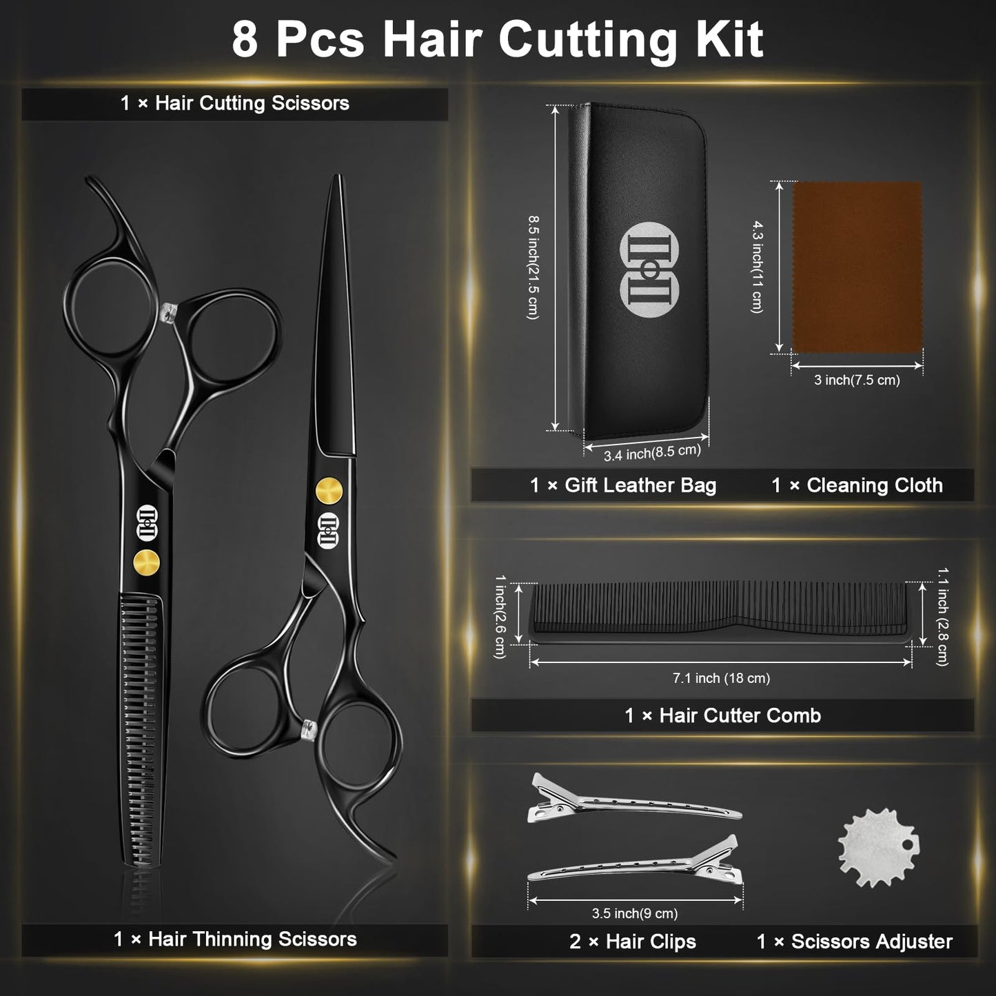 CIICII Hair Cutting Scissors Shears Kit, Professional Barber Haircut Scissors Set (6.7 Inch Hair Beard Hairdressing Trimming Haircutting Thinning Shears) for Men Women Hairdresser Home Salon (Black) - Available at All In One Marketplace Canada