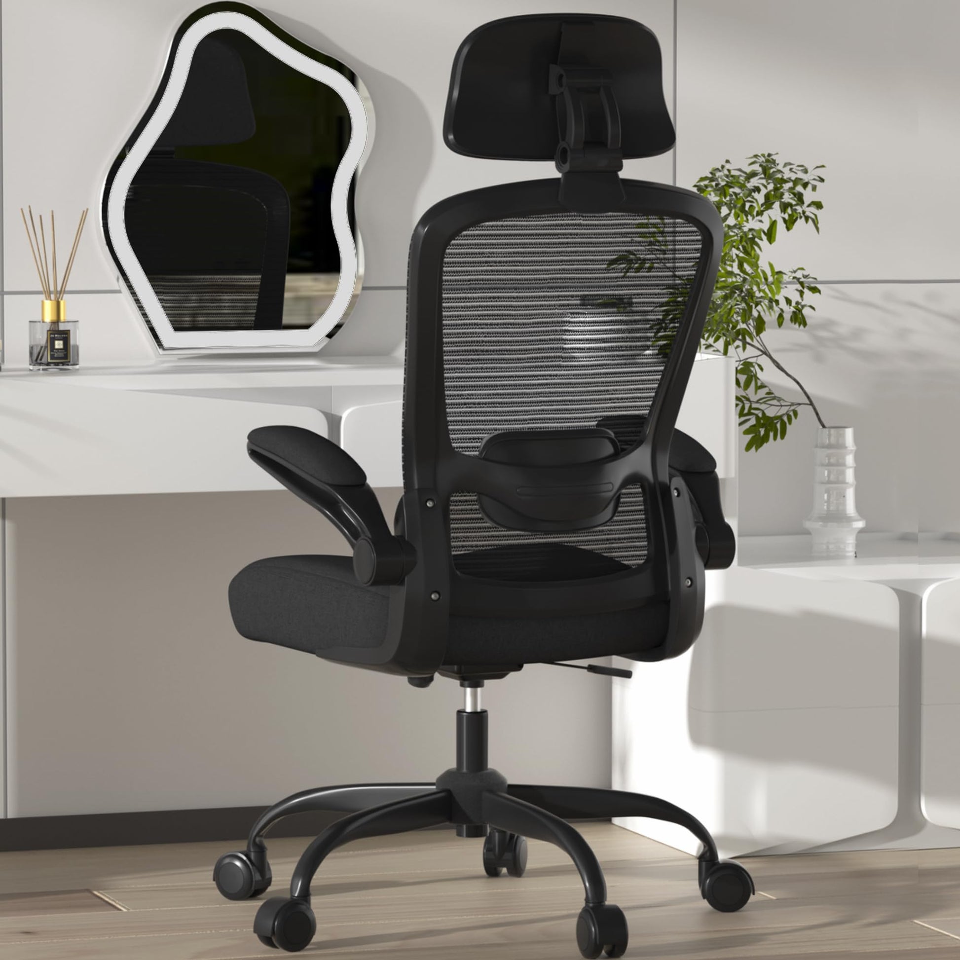 Mimoglad Office Chair, Comfy Desk Chair - High Back Ergonomic Computer Chair with Adjustable Lumbar Support & Headrest, Flip-up Armrests for Guitar Playing (Black(Black Frame))