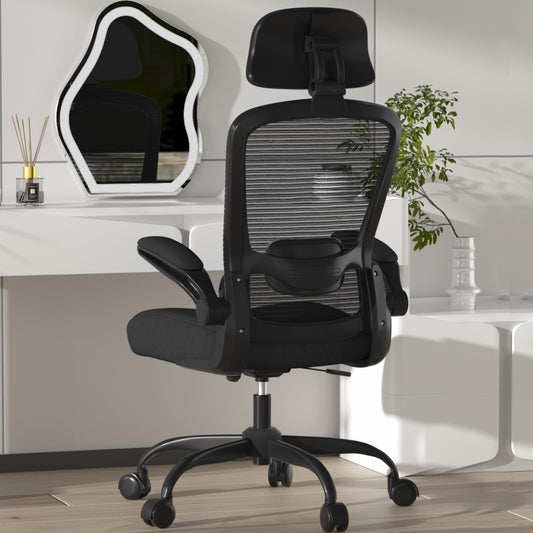 Mimoglad Office Chair, Comfy Desk Chair - High Back Ergonomic Computer Chair with Adjustable Lumbar Support & Headrest, Flip-up Armrests for Guitar Playing (Black(Black Frame))