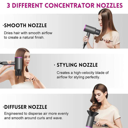 Slopehill Professional Ionic Hair Dryer, Powerful 1800W Fast Drying Low Noise Blow Dryer with 2 Concentrator Nozzle 1 Diffuser Attachments for Home Salon Travel (Grey)