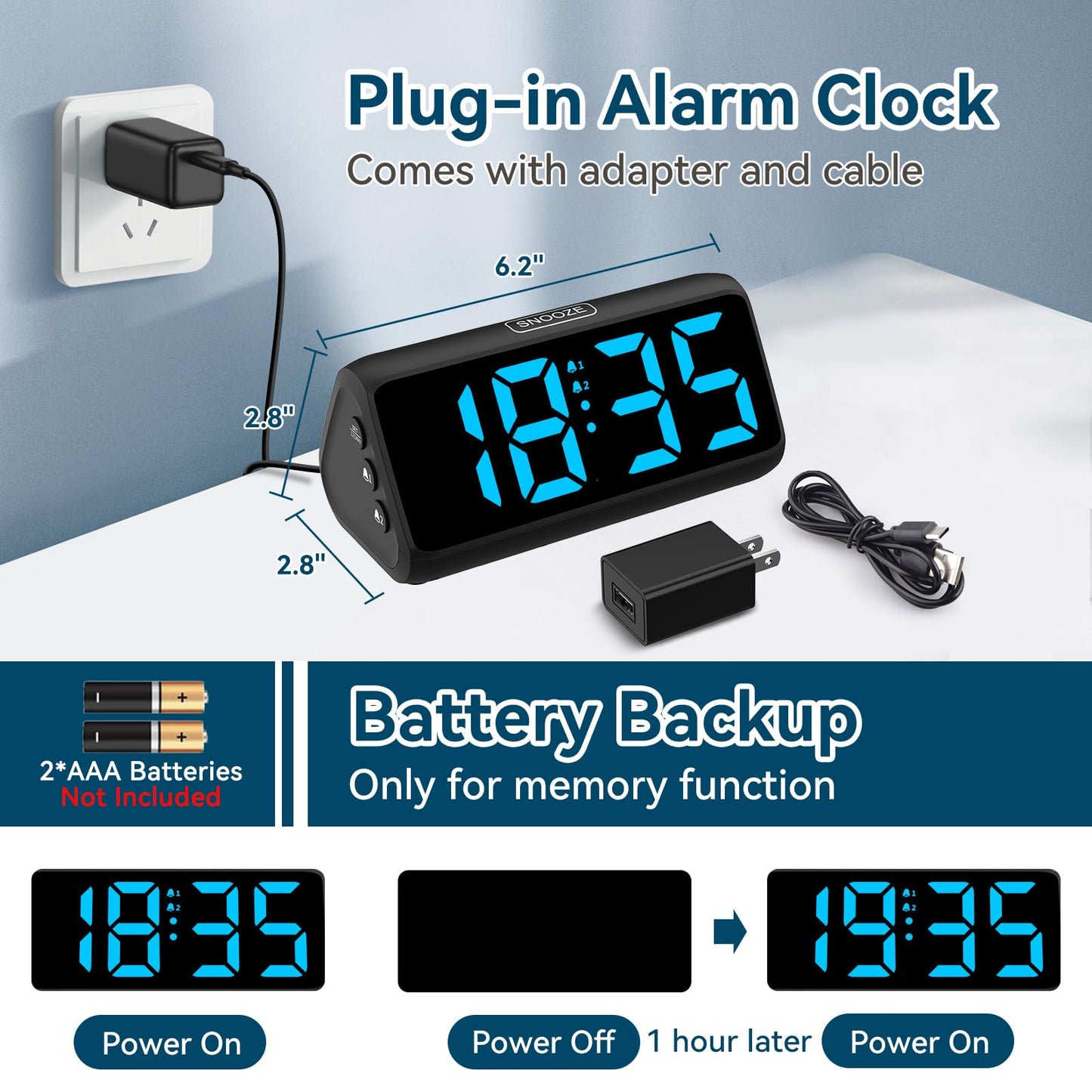 Netzu Loud Alarm Clocks for Bedrooms, Heavy Sleepers Alarm Clock with Dual Alarms, Bold Digits, 5 Dimmers, 4 Volumes, Snooze, Bedside Clock for Deep Sleepers Kids Teens Seniors, Plug in Clock