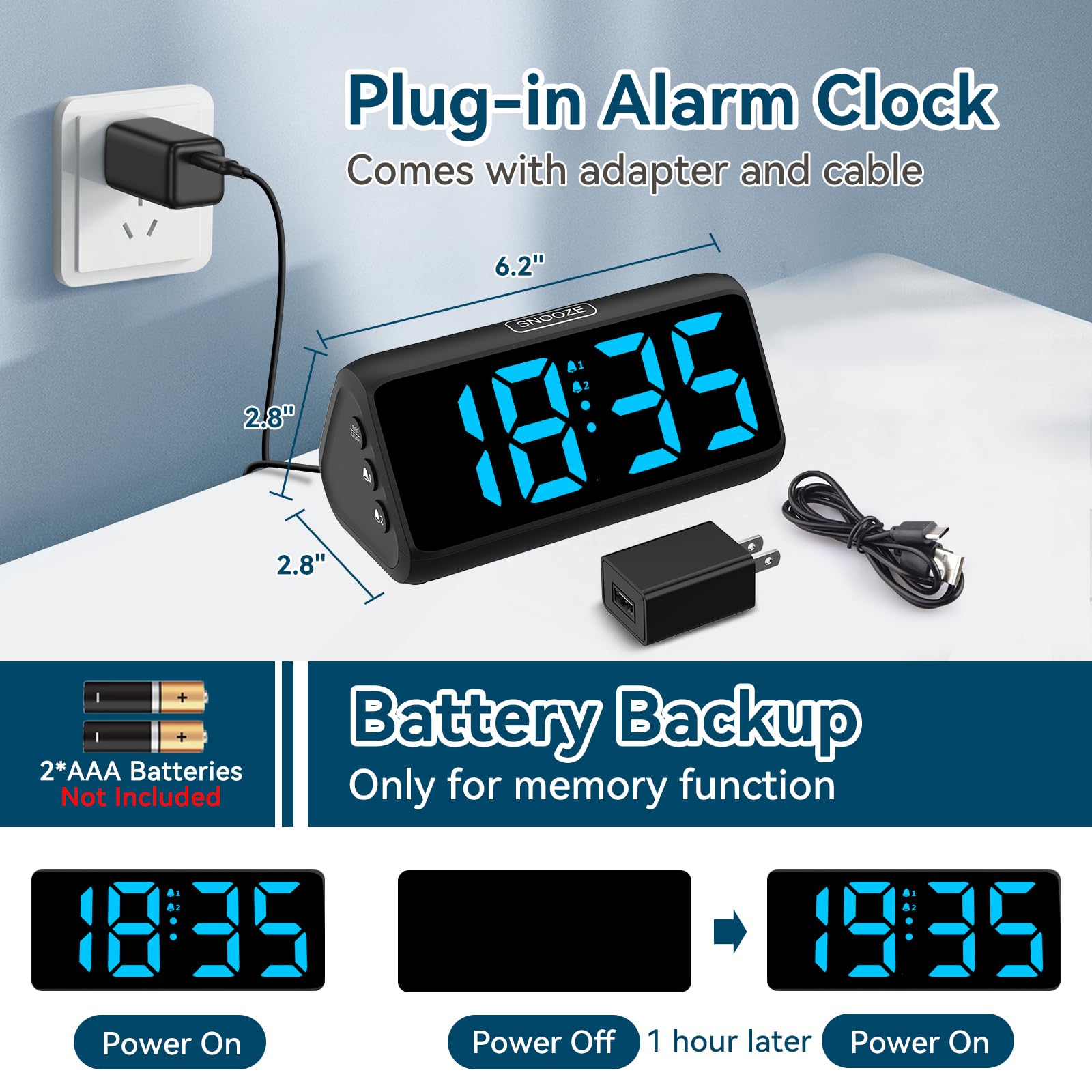 Netzu Loud Alarm Clocks for Bedrooms, Heavy Sleepers Alarm Clock with Dual Alarms, Bold Digits, 5 Dimmers, 4 Volumes, Snooze, Bedside Clock for Deep Sleepers Kids Teens Seniors, Plug in Clock