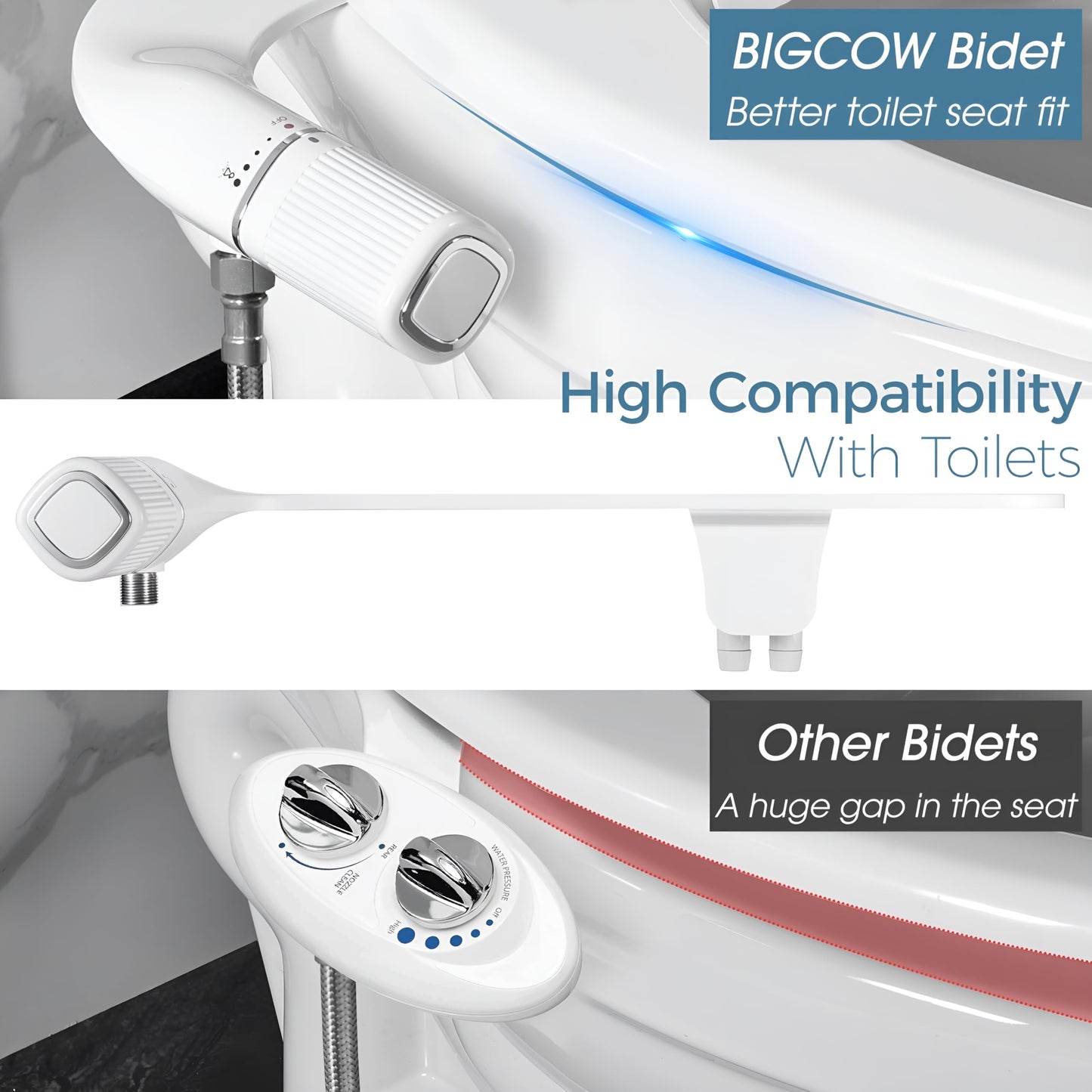 BIGCOW Bidet Attachment for Toilet, Ultra-Slim Dual Nozzle (Frontal & Rear Wash) Hygienic Toilet Bidet, Fresh Cold Water Pressure Adjustable Bidet Attachment with Stainless Steel Inlet - Available at All In One Marketplace Canada