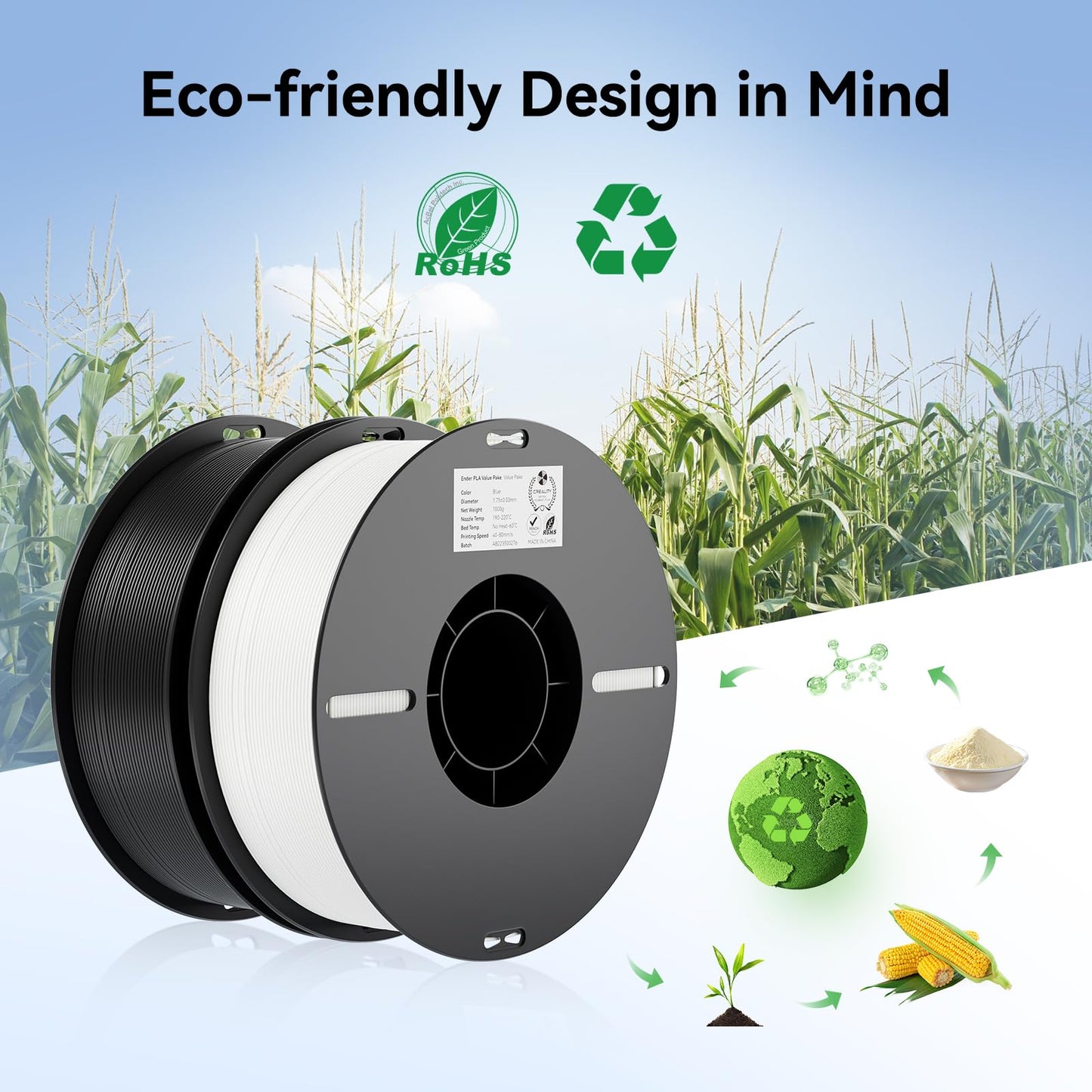 Filament 1.75mm 2 Packs for 3D Printing, Cost-Effective Ender PLA Filament 3D Printers, No-Tangling, Strong Bonding and Overhang Performance Dimensional Accuracy +/-0.02mm, White & Black