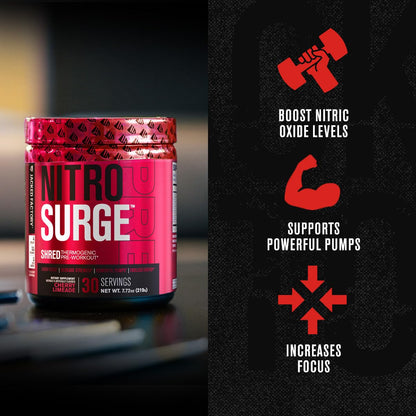 NITROSURGE Shred Thermogenic Pre Workout Supplement - Energy Booster, Instant Strength Gains, Sharp Focus, Powerful Pumps - Nitric Oxide Booster & PreWorkout Powder - 30Sv, Orange Pineapple - Available at All In One Marketplace Canada