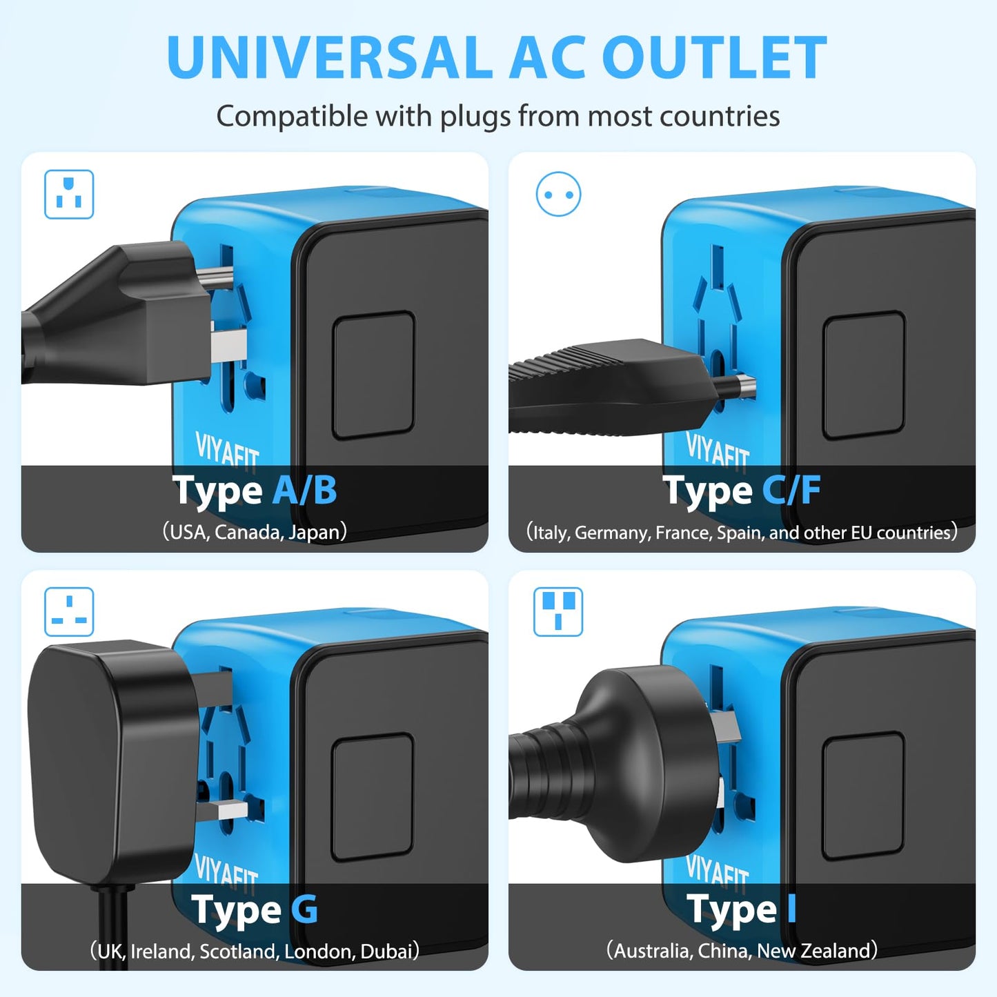 Universal International Travel Power Adapter, All in One Wall Charger with High Speed 2.4A 3xUSB, 3.0A Type-C, European Adapter, Worldwide AC Outlet Plugs for UK, EU, AU & Asia (Blue) - Available at All In One Marketplace Canada