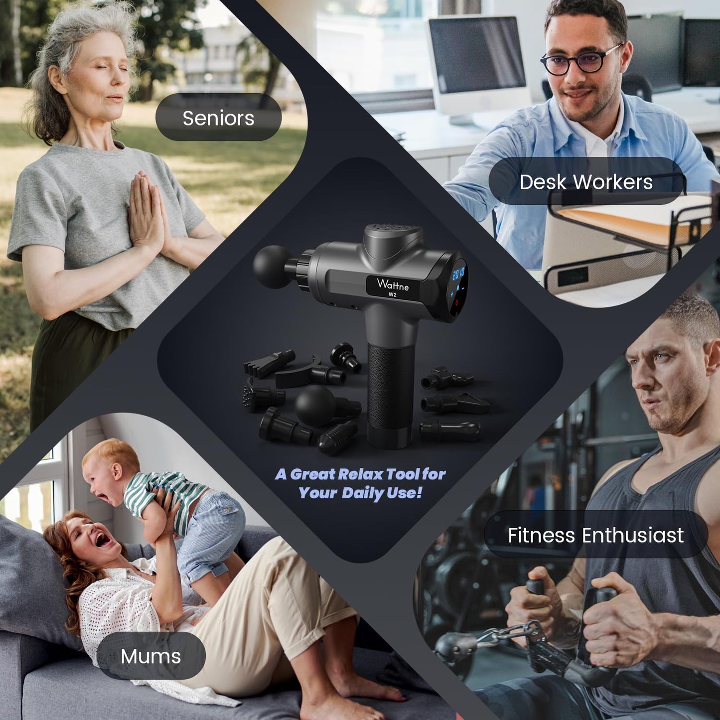 Muscle Massage Gun Deep Tissue Percussion Massager - Portable Handheld Sport Massagers for Athletes, Quiet & Powerful Brushless Motor Cordless, 20 Speed Level,Wattne W2 (Grey)