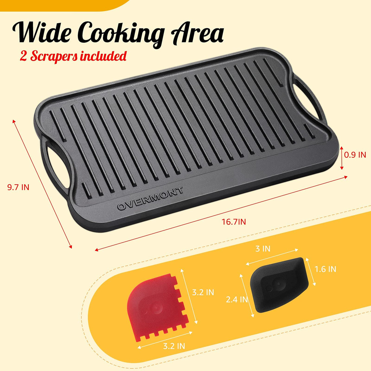 Overmont Reversible Cast Iron Grill - 16.9" x 9.7" Dual-Sided Griddle Pan