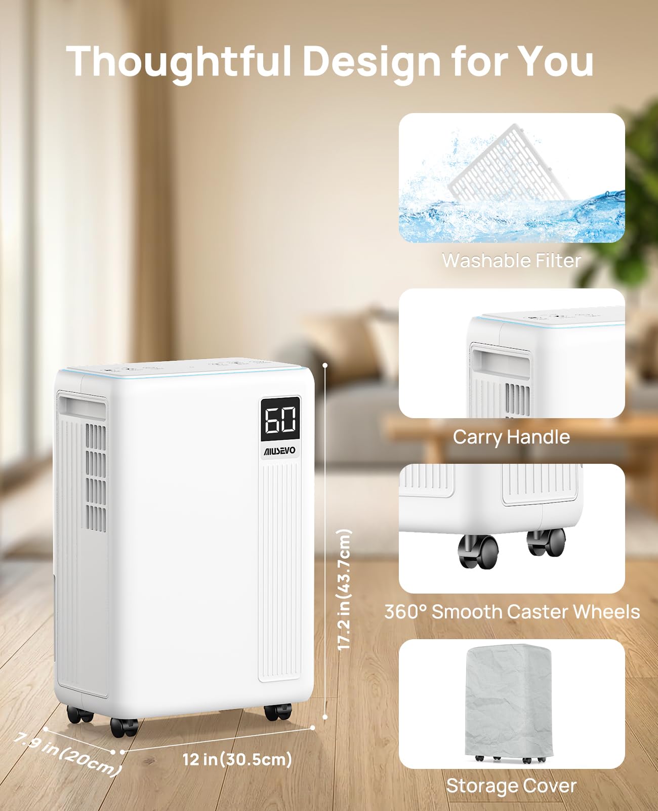 AIUSEVO 26 Pint Dehumidifiers for Basements & Home (Up to 2500 Sq.Ft), Ultra Quiet 40dB Bedroom Dehumidifier with 3 Modes, Continuous Drain & Auto Defrost to Reduce Moisture & Musty Odors - Available at All In One Marketplace Canada