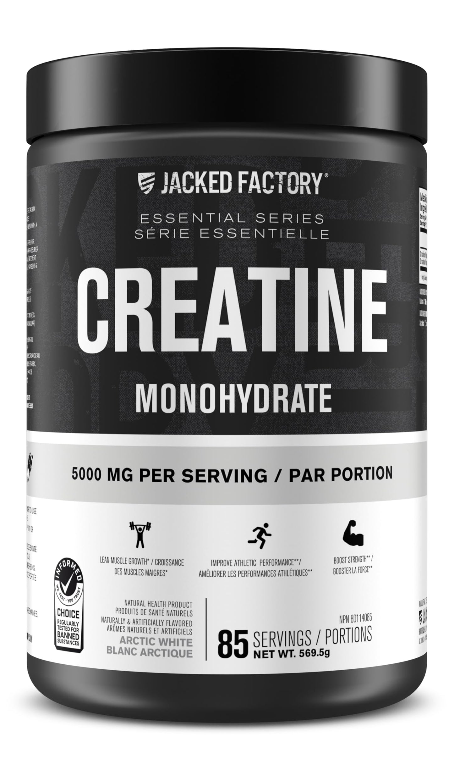 Jacked Factory Creatine Monohydrate Powder - Canadian-Owned Informed Choice Certified Supplement for Increased Muscle Mass*, Improved Strength, Power, & Performance** - 85 Servings, Arctic White