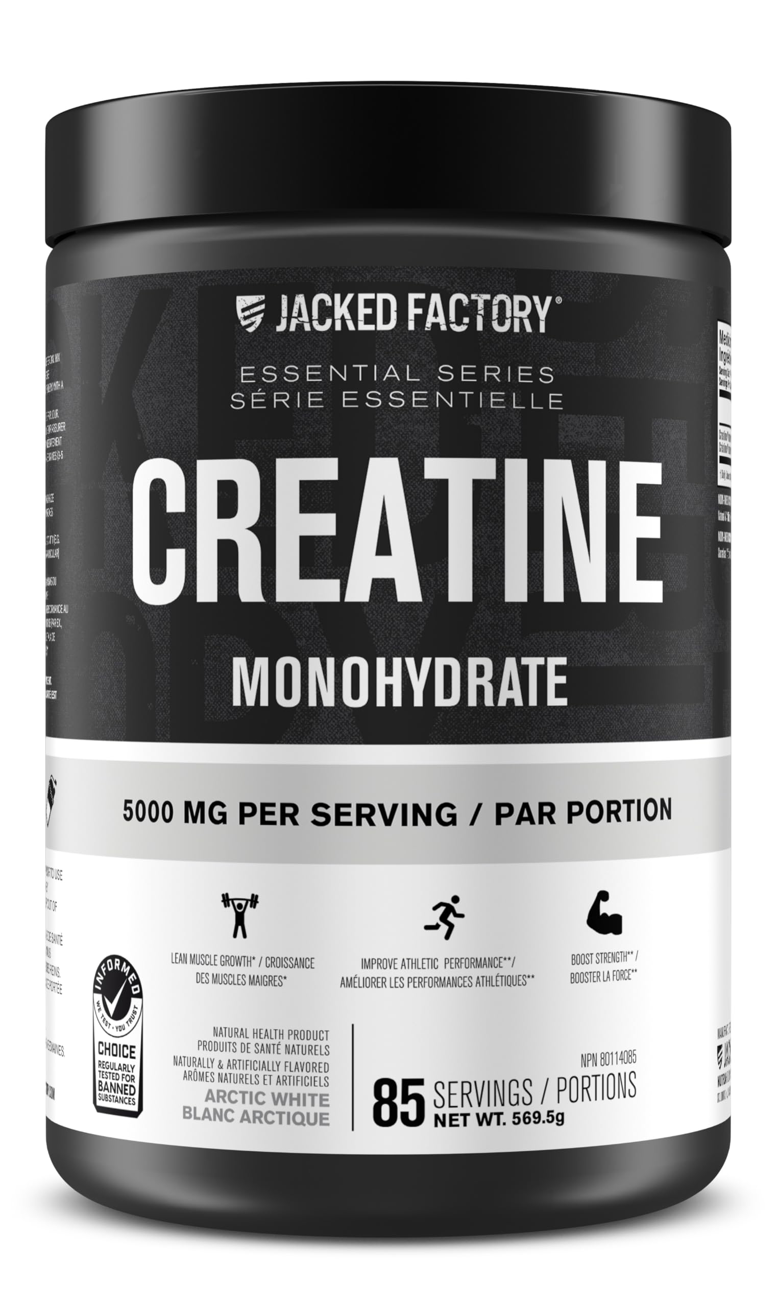 Jacked Factory Creatine Monohydrate Powder - Canadian-Owned Informed Choice Certified Supplement for Increased Muscle Mass*, Improved Strength, Power, & Performance** - 85 Servings, Arctic White