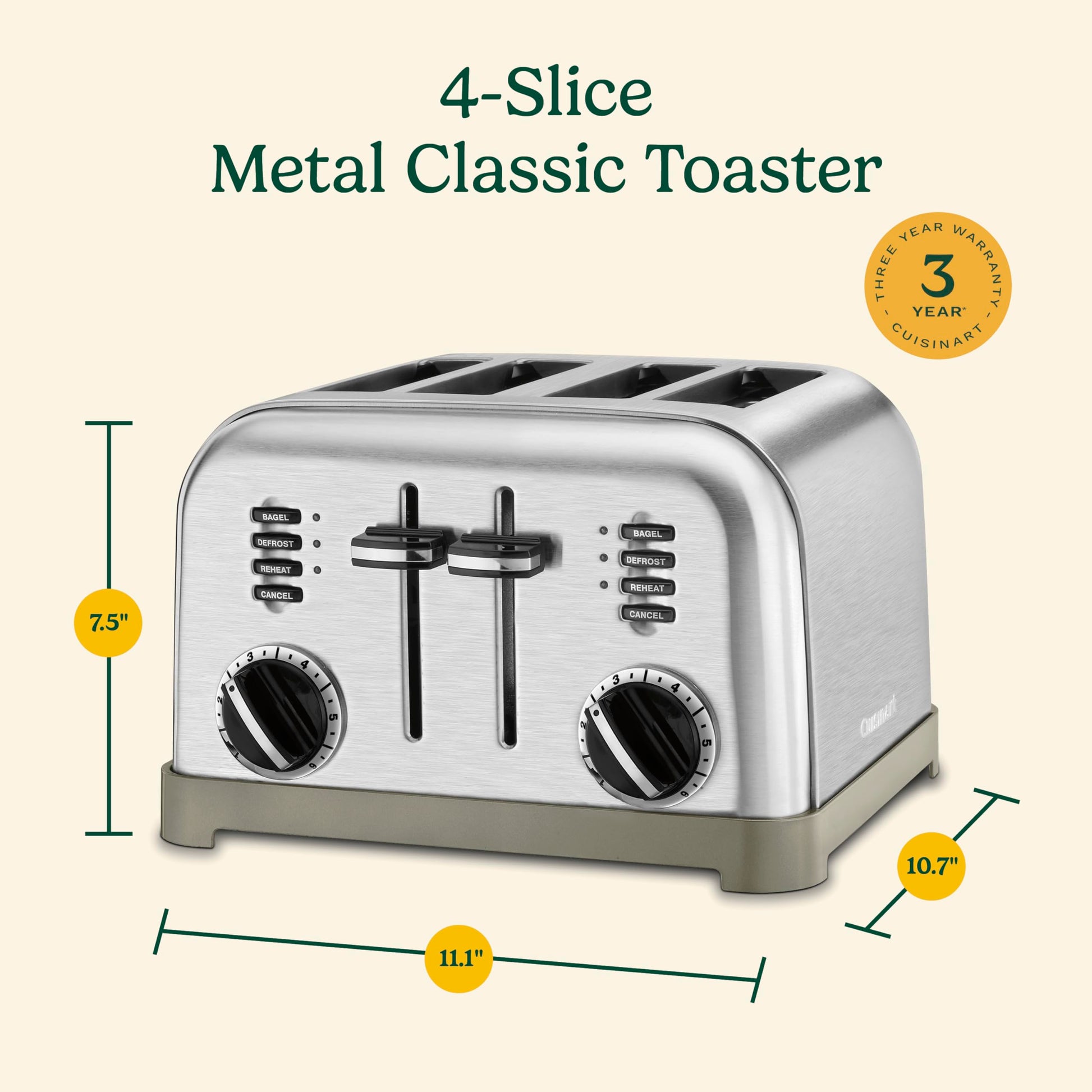 Cuisinart 4-Slice Toaster, 6-browning Levels, Brushed Silver (CPT-180C) - Available at All In One Marketplace Canada