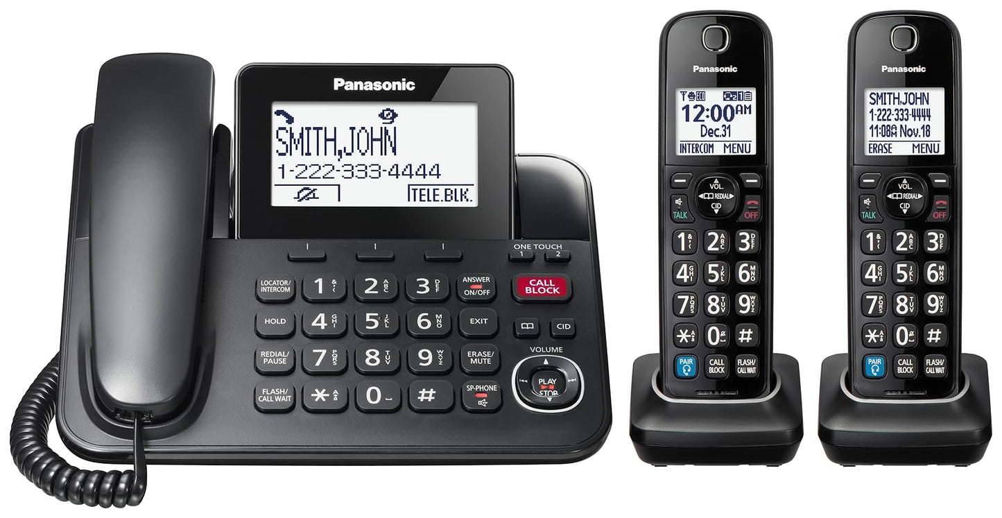 Panasonic Expandable Corded Phone System, Bluetooth Pairing for Wireless Headphones and Hearing Aids, Smart Call Block, Bilingual Talking Caller ID, 2 Handsets - KXTGF892B (Black) Panasonic