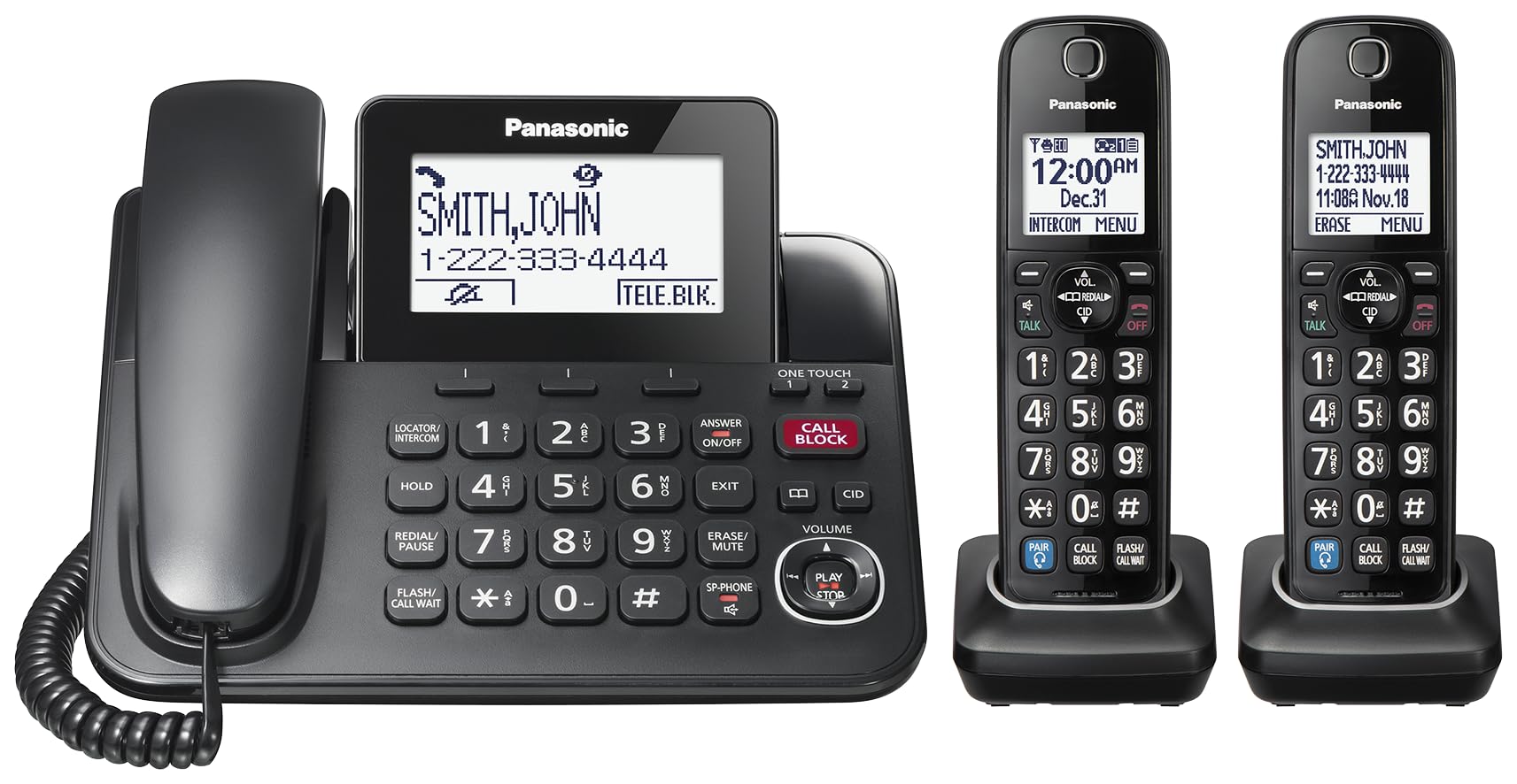 Panasonic Expandable Corded Phone System, Bluetooth Pairing for Wireless Headphones and Hearing Aids, Smart Call Block, Bilingual Talking Caller ID, 2 Handsets - KXTGF892B (Black) Panasonic
