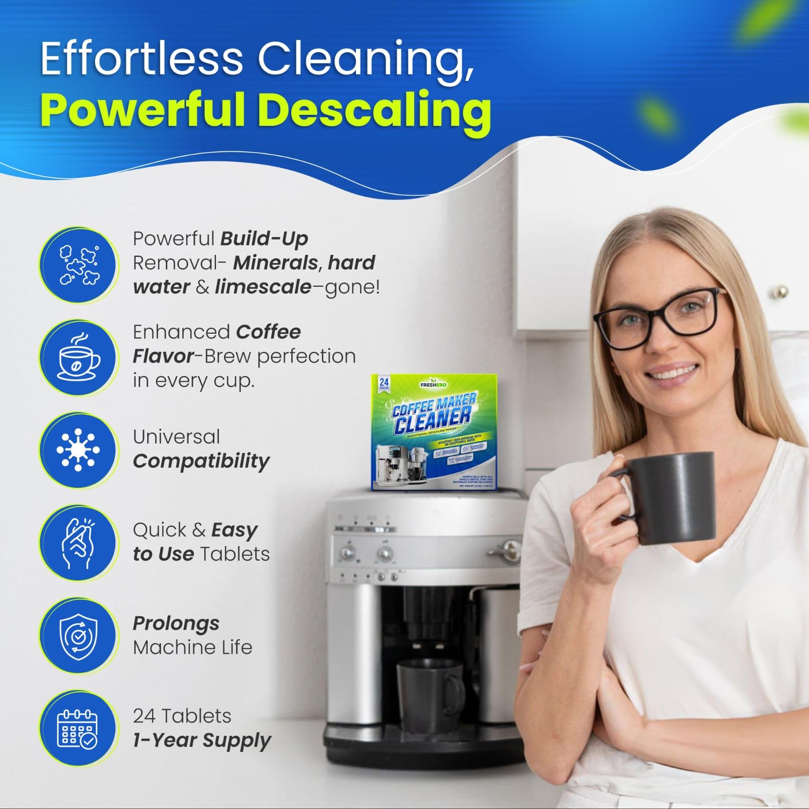 Freshero Coffee Machine Cleaner & Descaler Tablets – 24 Count, Compatible With Keurig, Breville, Ninja, Delonghi, Miele & Espresso Machines, Universal Cleaning Tabs for Coffee Maker Pots (24.0) - Available at All In One Marketplace Canada