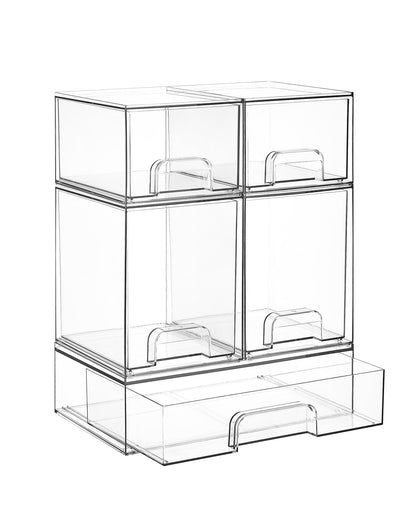 Vtopmart Stackable Storage Drawers Set of 5, 12" Wide and 4.4''&7.6'' High Clear Plastic Organizer Bins for Beauty Supplies,Ideal for Vanity, Bathroom,Cabinet,Pantry Organization