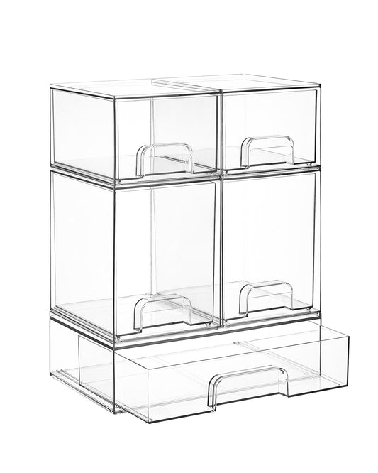 Vtopmart Stackable Storage Drawers Set of 5, 12" Wide and 4.4''&7.6'' High Clear Plastic Organizer Bins for Beauty Supplies,Ideal for Vanity, Bathroom,Cabinet,Pantry Organization