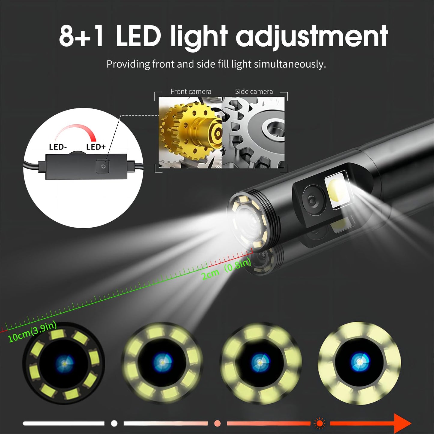 Dual Lens Endoscope Camera with Light, DPduct 1920P HD Borescope Inspection with 8+1 Lights, 7.9mm IP67 Waterproof 16.4ft Semi-Rigid Cable Snake Camera for Android and iOS,iPhone,iPad