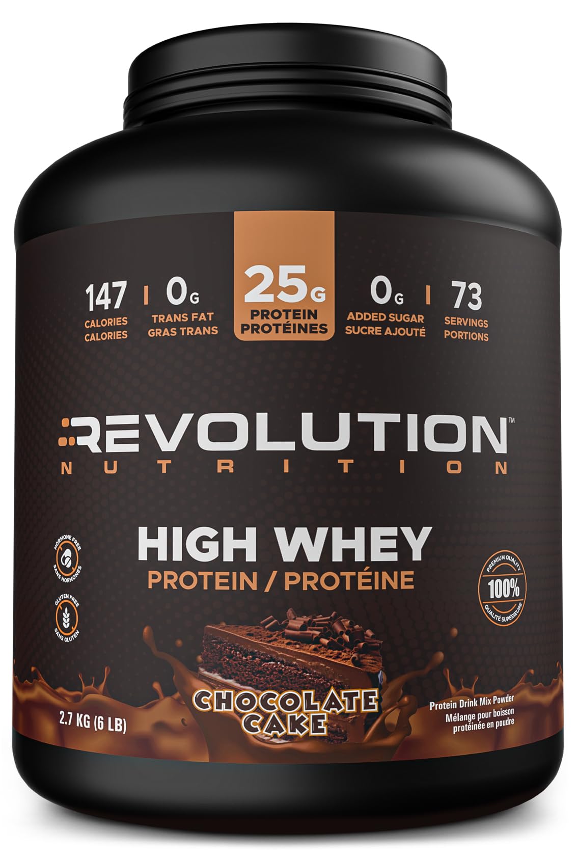 Revolution Nutrition, High Whey, Protein Powder 6LB, Whey Protein, Gluten Free, 25g of Protein Per Scoop, 2.7kg, 73 Servings (Chocolate Cake, 6 Pound) - Available at All In One Marketplace Canada